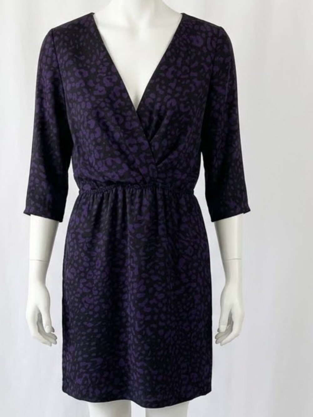 NWT Ann Taylor LOFT Purple Black Leopard Print V Neck 3/4 Sleeve Dress Size 14
